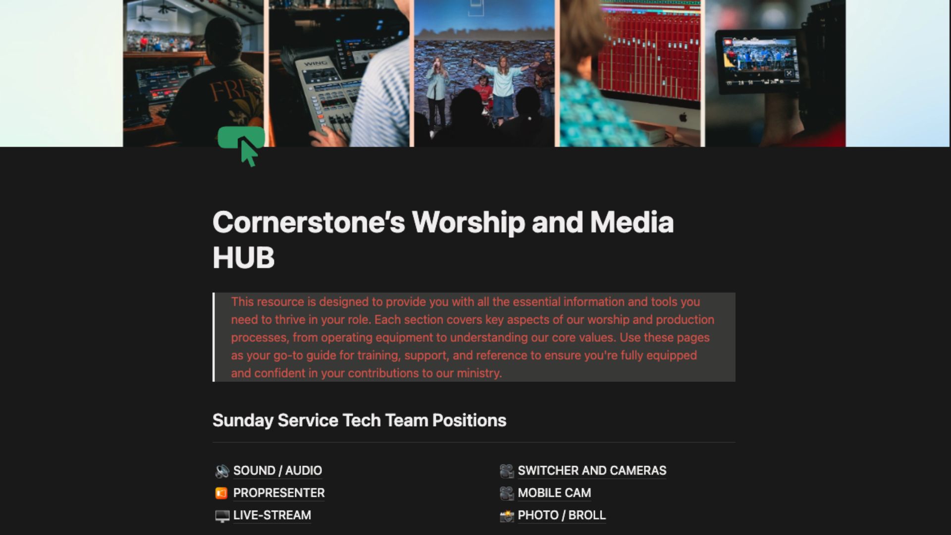 The Cornerstone Worship and Media hub in Notion, linking to every Sunday tech-team role