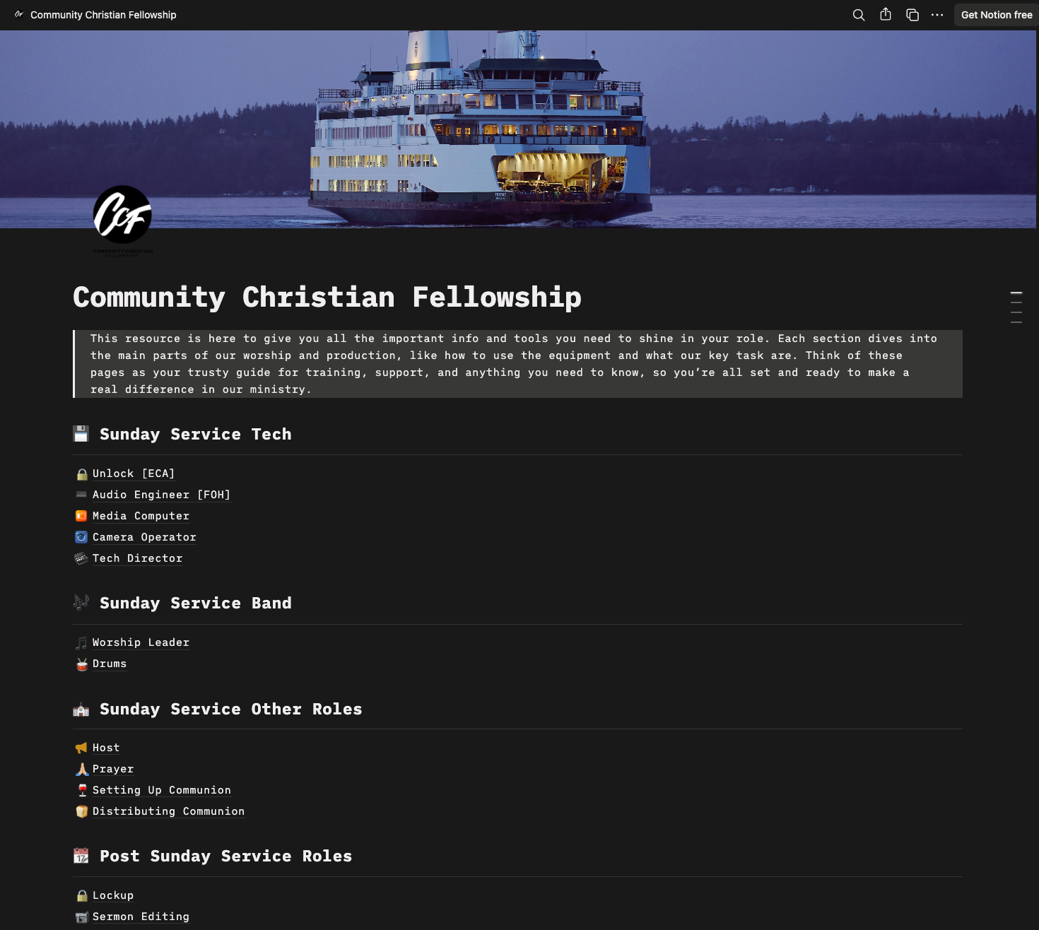 Community Christian Fellowship workspace in Notion — Sunday Service Tech, Band, Other Roles, and Post Sunday Service Roles