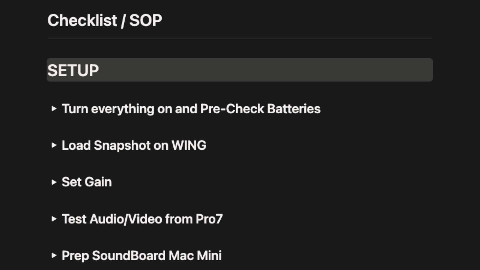 The Sound / Audio SOP checklist in the CNS Notion system