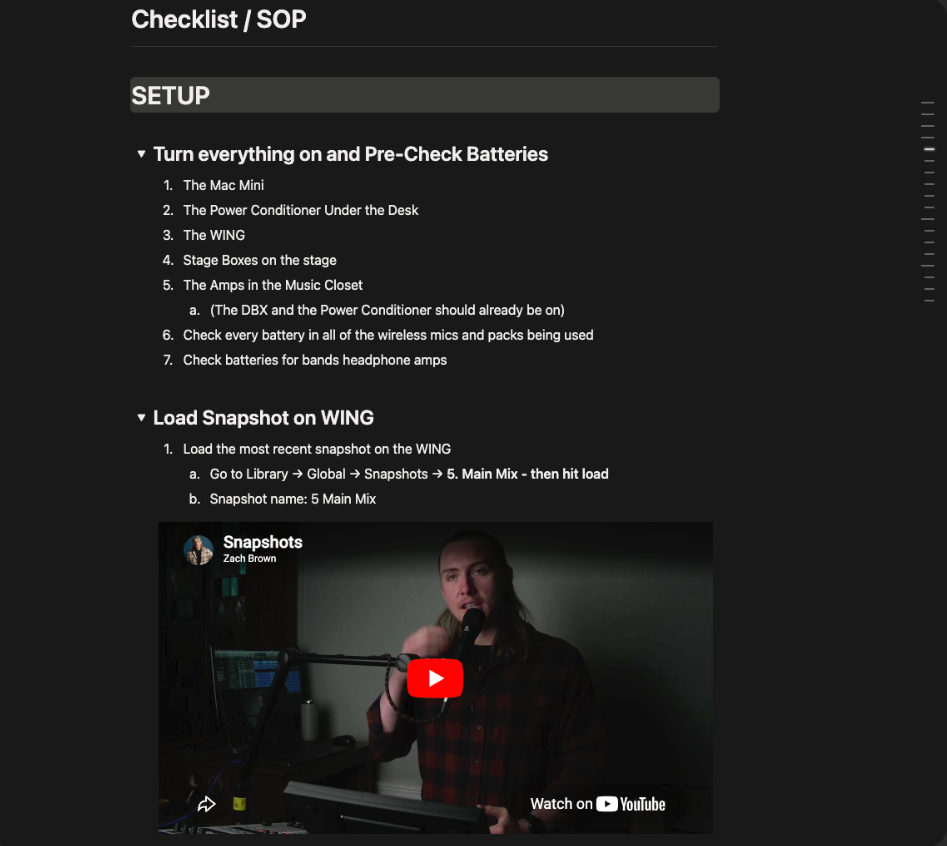 A real CNS SOP page in Notion — a numbered checklist with an embedded tutorial video below it